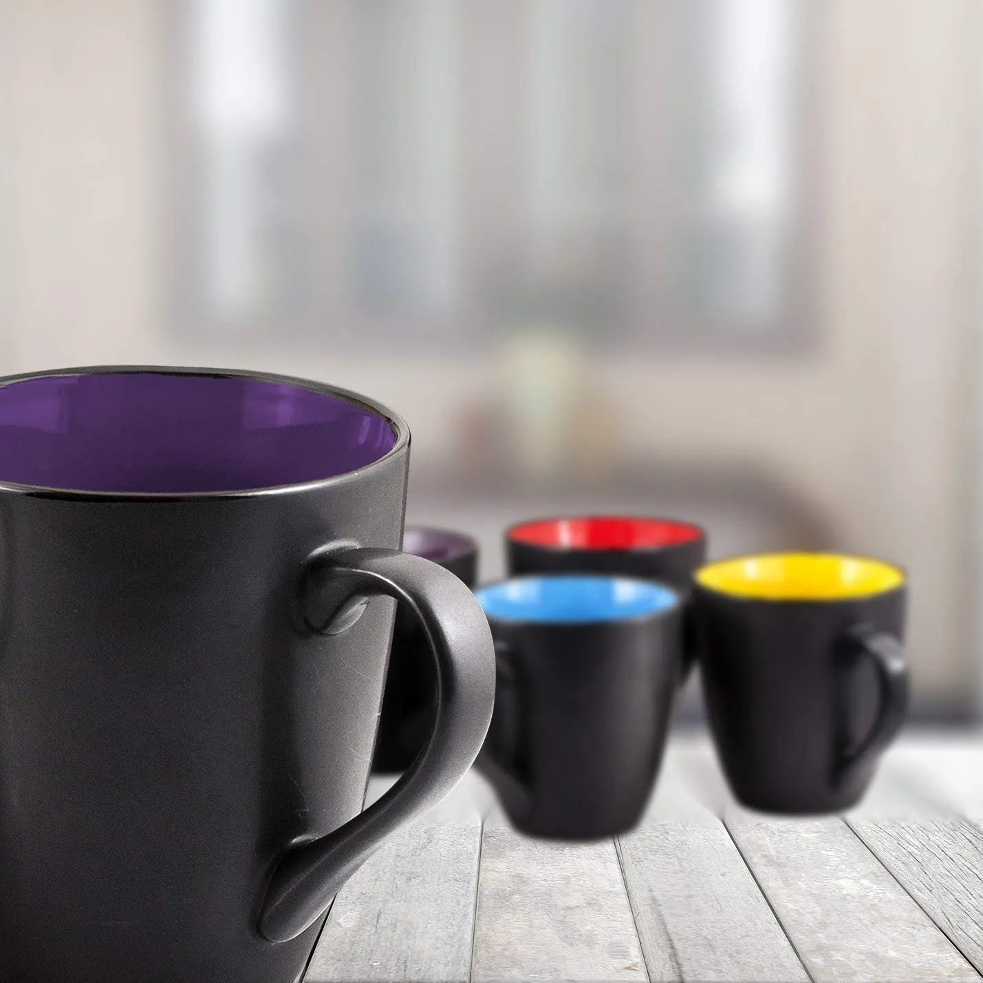 16 Oz Ceramic Coffee Mug Set Of 6 - Matte Black Restaurant Mugs - Large Handle Coffee Mug