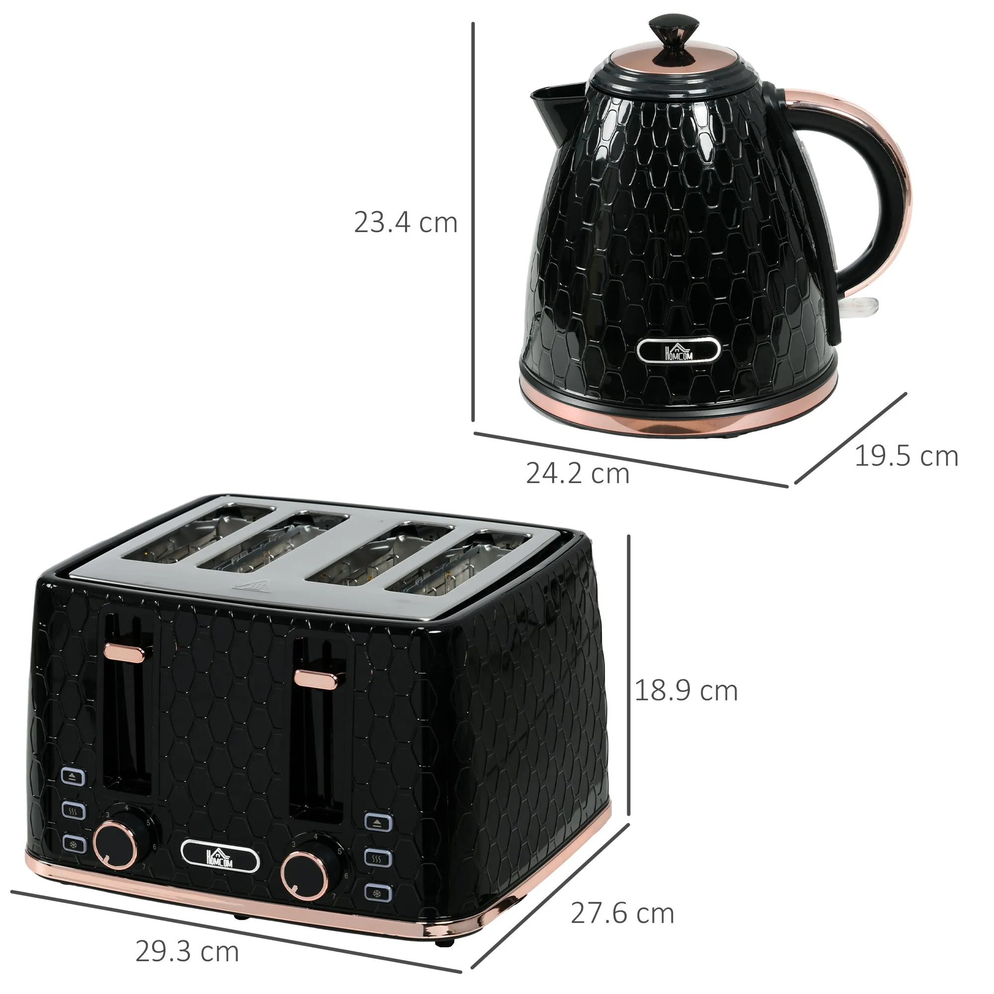 1.7L 3000W Fast Boil Kettle & 4 Slice Toaster Set, Kettle and Toaster Set with 7 Browning Controls, Crumb Tray, Black