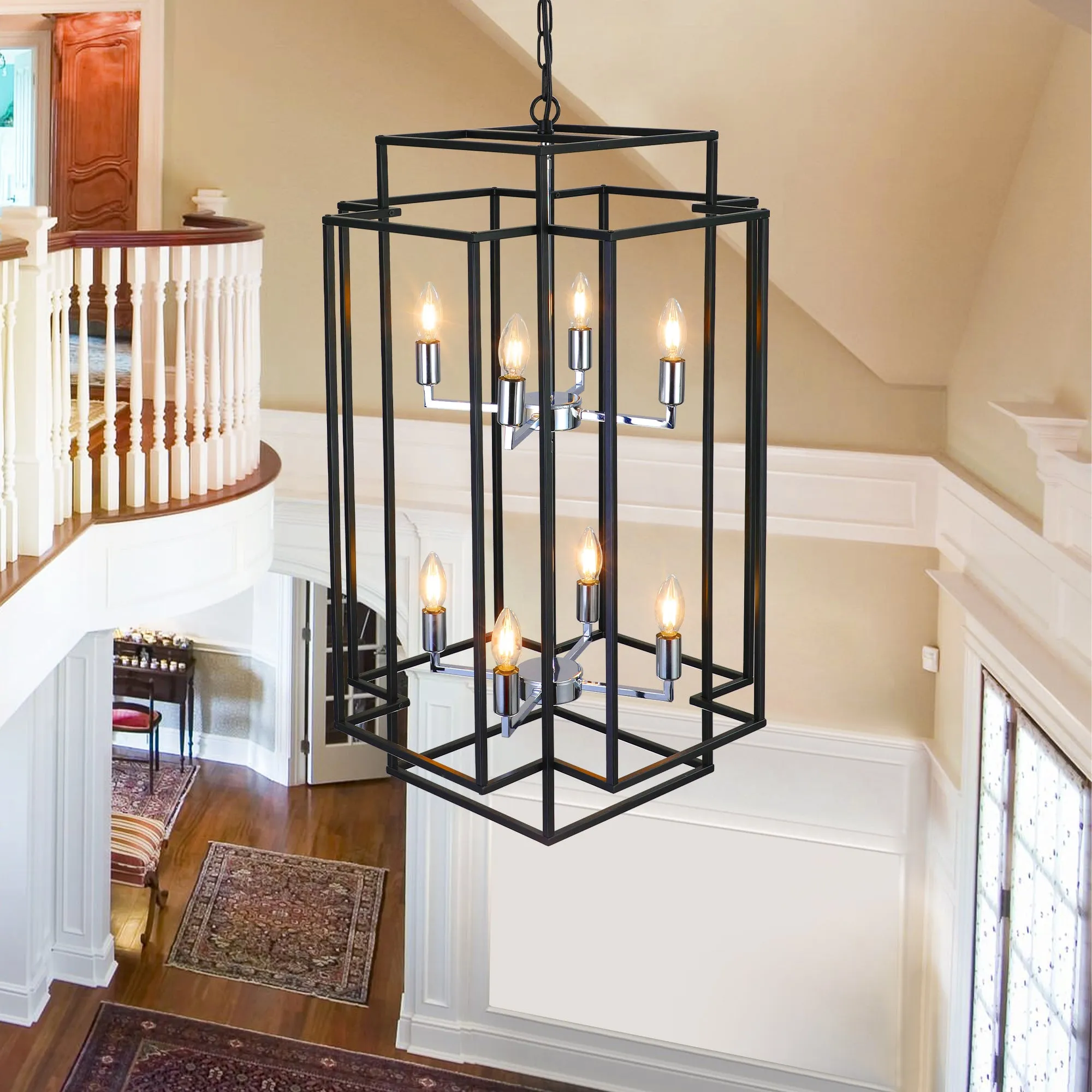 18.1" Vintage Lantern Chandelier Farmhouse Candle Chandelier (Black & Silver)