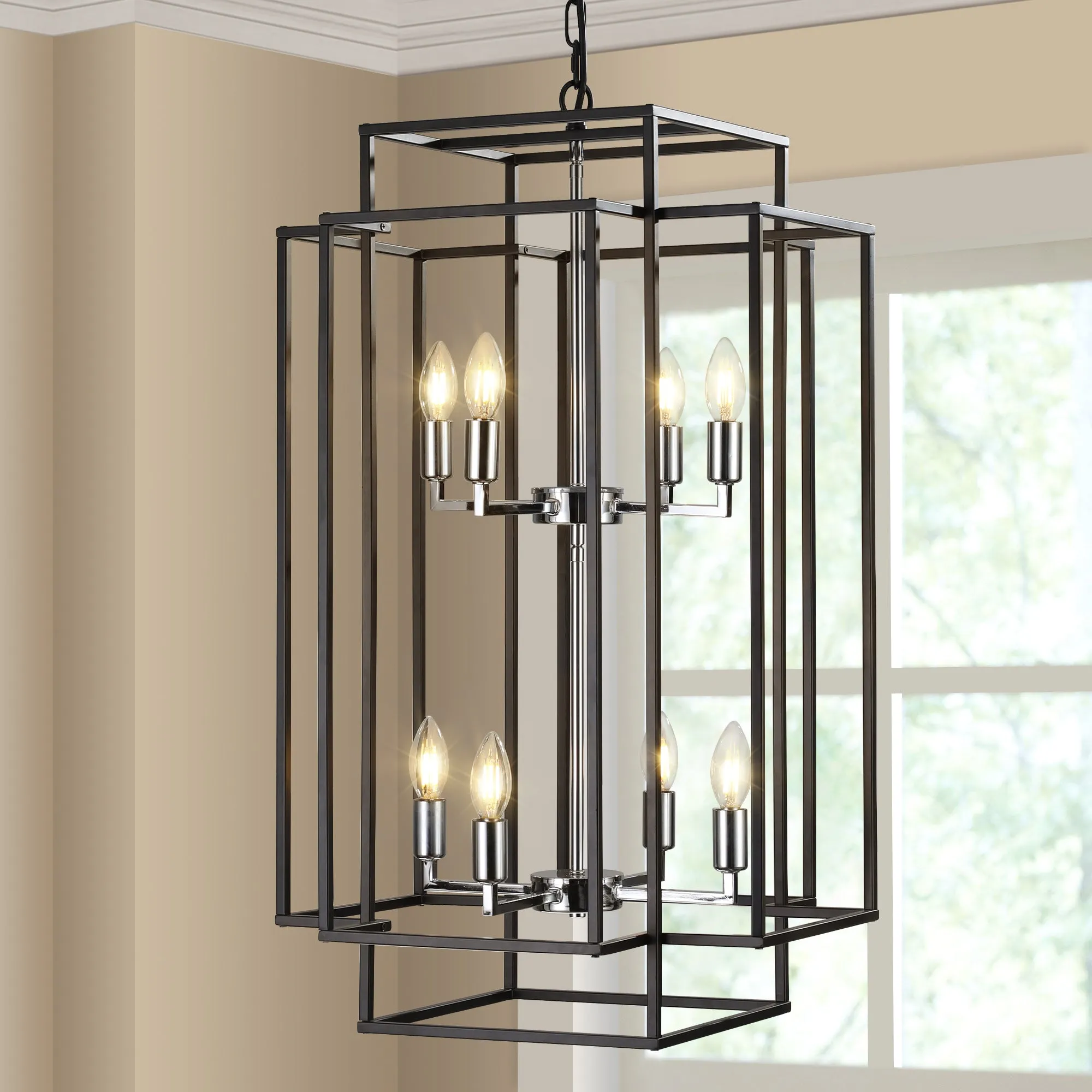 18.1" Vintage Lantern Chandelier Farmhouse Candle Chandelier (Black & Silver)