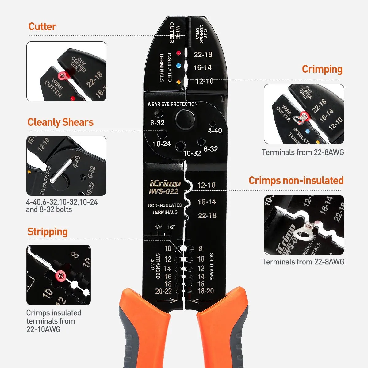 5-in-1 Multi-function Tool, Wire Stripper, Wire Cutter, Crimper for AWG22-10 Insulated and Non-insulated Terminals