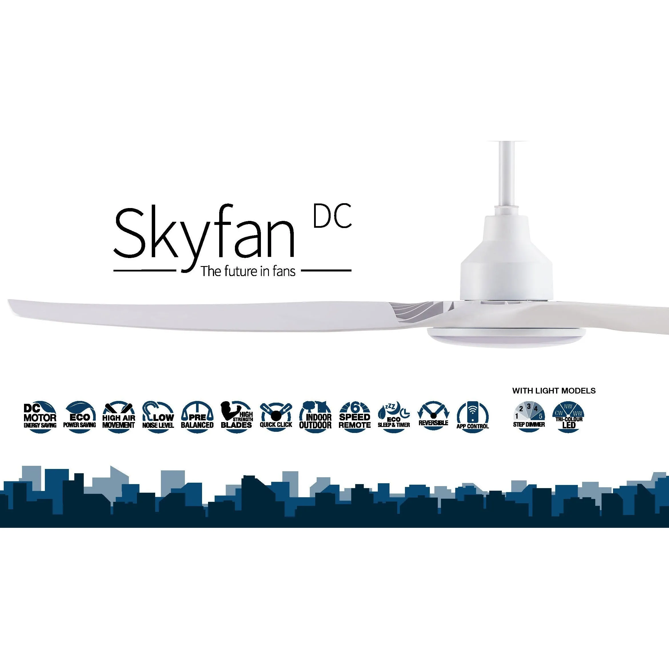 52" Skyfan DC Ceiling Fan w/ LED Light Black or White SKY1303BL-L, SKY1303TK-L, SKY1303WH-L