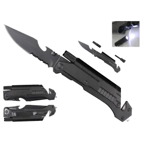 8 1/2" Folding Knife Knife with LED light, cutter, glass breaker -Black