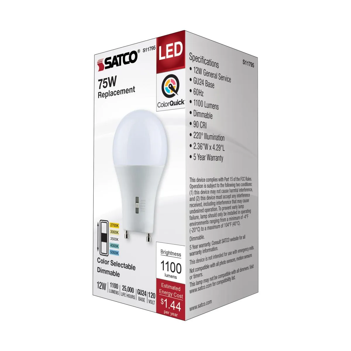 A19 LED Bulb, 75W Equivalent, 12 Watt, 1100 Lumens, Selectable CCT 2700K to 5000K, GU24 Base, Frosted Finish