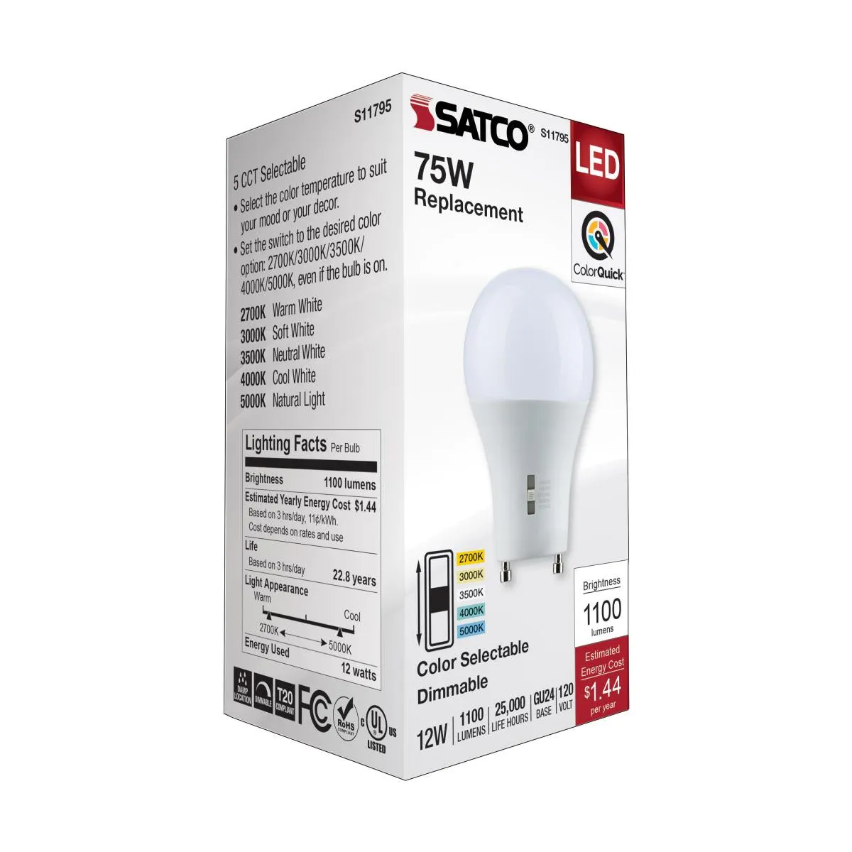 A19 LED Bulb, 75W Equivalent, 12 Watt, 1100 Lumens, Selectable CCT 2700K to 5000K, GU24 Base, Frosted Finish