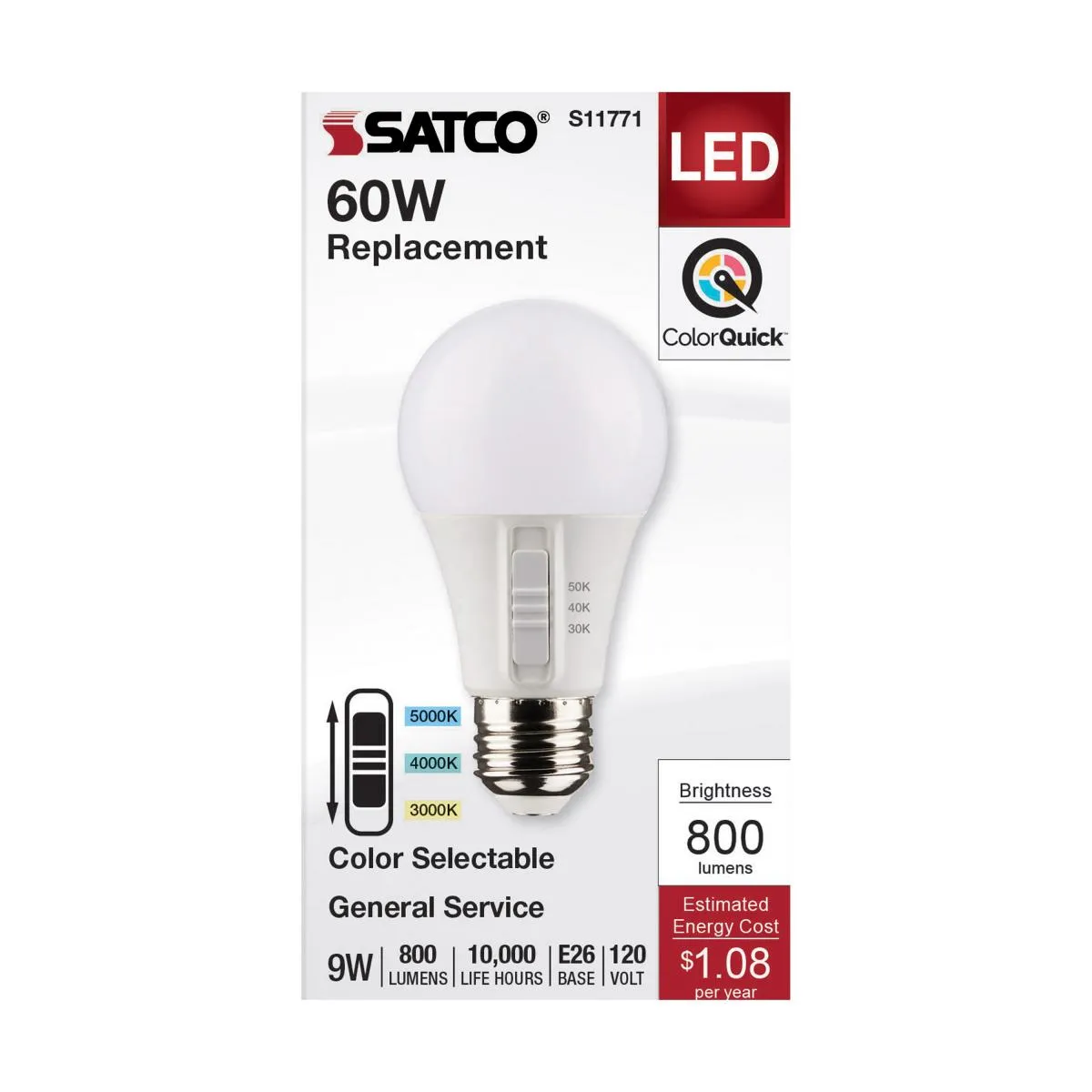 A19 LED Bulb, 9 Watts, 800 Lumens, Selectable 30K|40K|50K, 60W Equal, E26 Medium Base