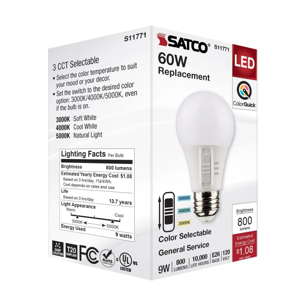 A19 LED Bulb, 9 Watts, 800 Lumens, Selectable 30K|40K|50K, 60W Equal, E26 Medium Base