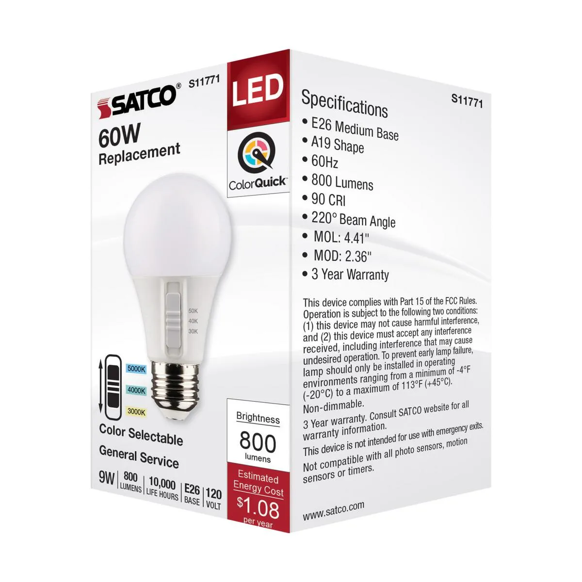 A19 LED Bulb, 9 Watts, 800 Lumens, Selectable 30K|40K|50K, 60W Equal, E26 Medium Base