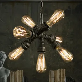 Antique Bronze Chandelier with 7 Bulbs – Vintage Metal Pipe Pendant Light Fixture