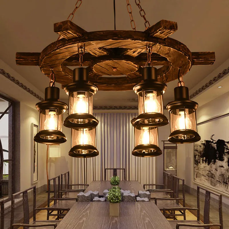 Antique Iron Lantern Chandelier for Commercial Restaurant Lighting with Wooden Pendant