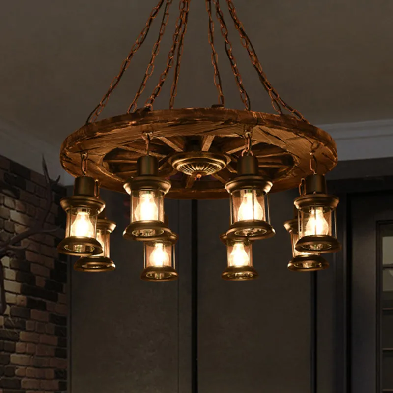 Antique Iron Lantern Chandelier for Commercial Restaurant Lighting with Wooden Pendant