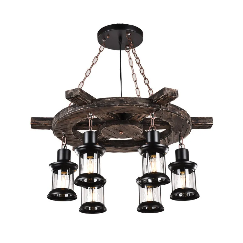 Antique Iron Lantern Chandelier for Commercial Restaurant Lighting with Wooden Pendant