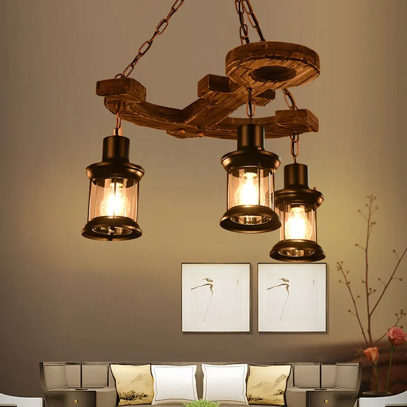 Antique Iron Lantern Chandelier for Commercial Restaurant Lighting with Wooden Pendant