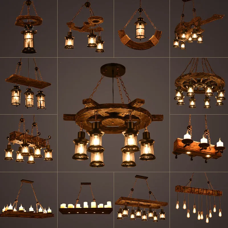 Antique Iron Lantern Chandelier for Commercial Restaurant Lighting with Wooden Pendant