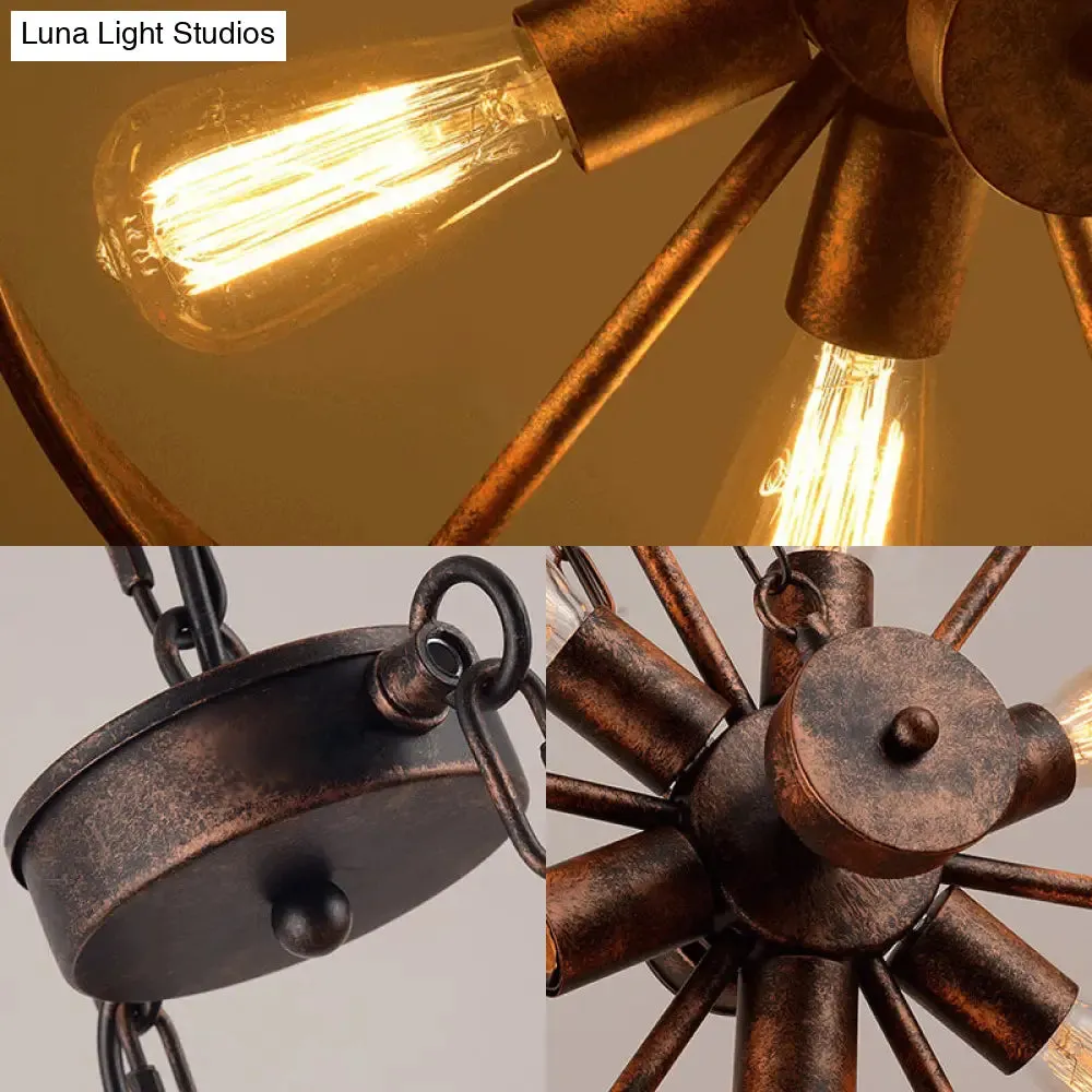 Antique Style Wrought Iron Kitchen Chandelier - 6-Light Wheel Pendant Lamp in Rust Finish