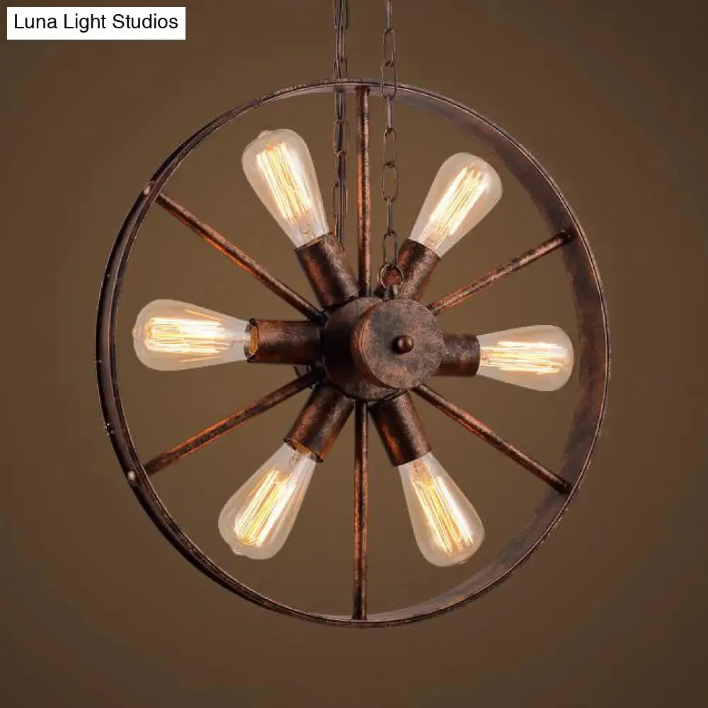 Antique Style Wrought Iron Kitchen Chandelier - 6-Light Wheel Pendant Lamp in Rust Finish