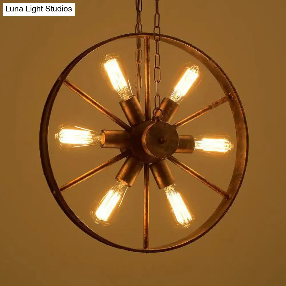 Antique Style Wrought Iron Kitchen Chandelier - 6-Light Wheel Pendant Lamp in Rust Finish