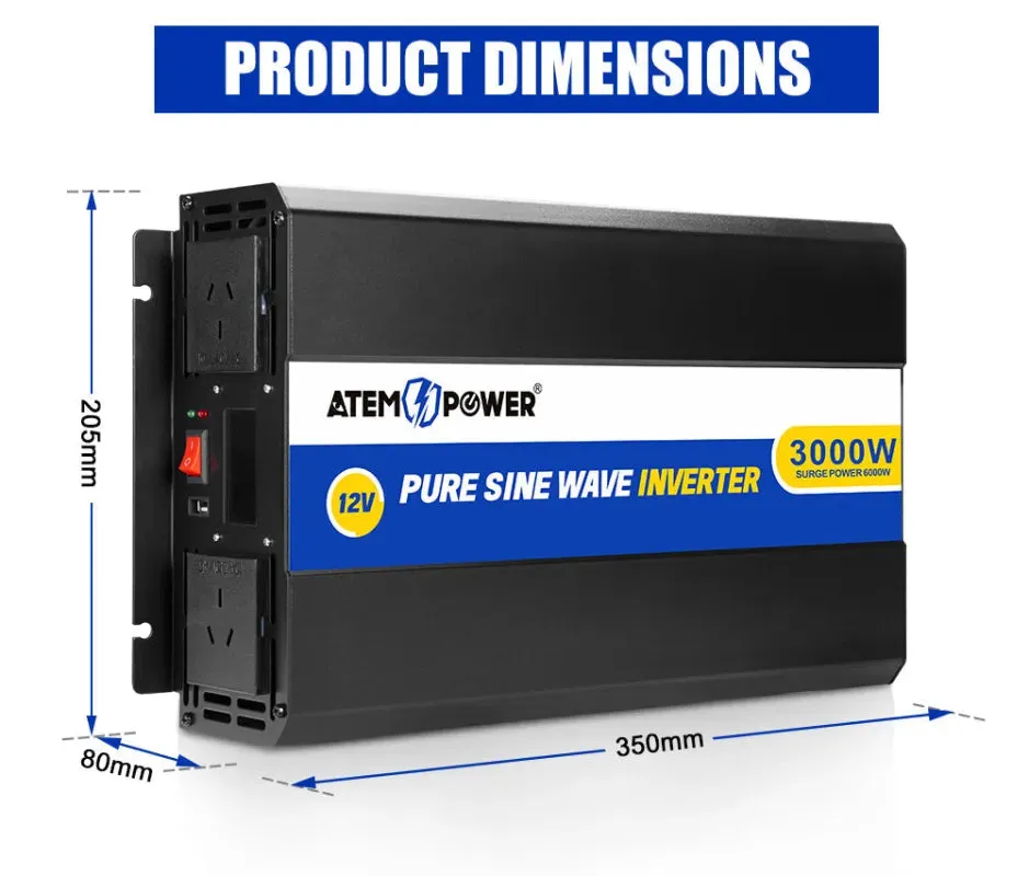 ATEM POWER 12V to 240V 3000W/6000W Pure Sine Wave Power Inverter