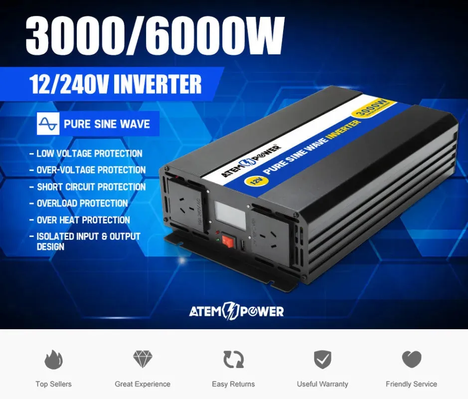 ATEM POWER 12V to 240V 3000W/6000W Pure Sine Wave Power Inverter