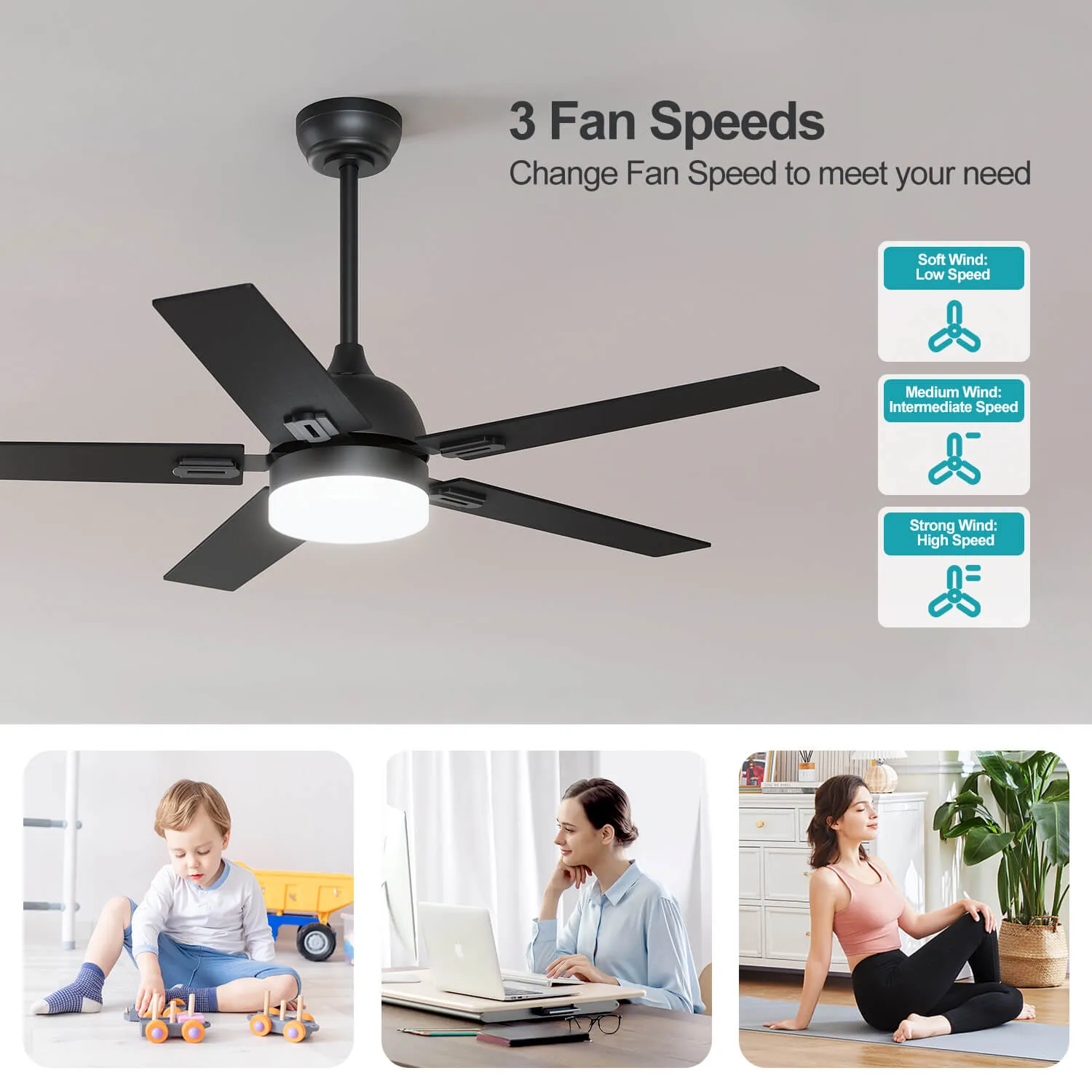 Black 1320mm With 3 Colors LED Light 5 Blades Ceiling Fan AC Motor