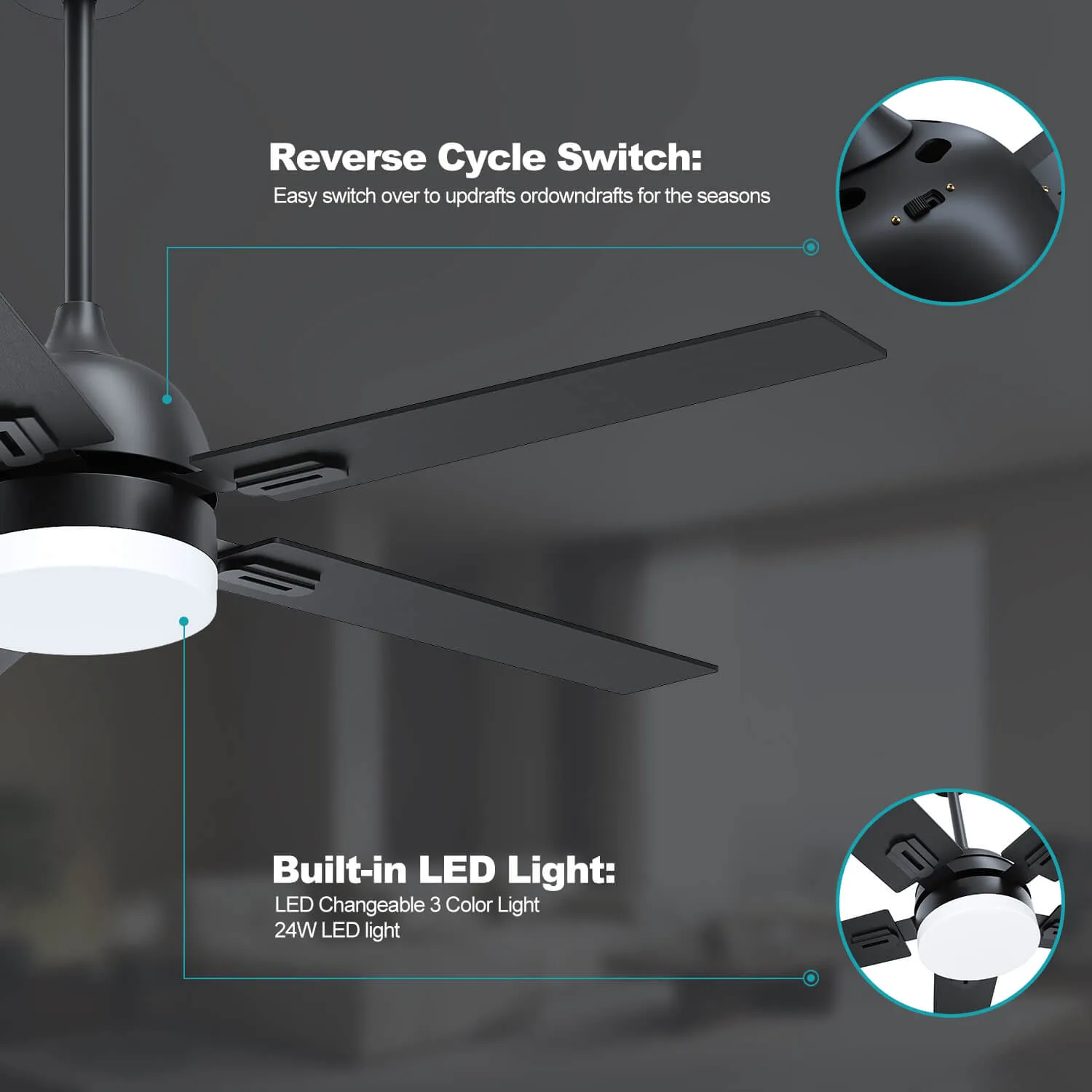 Black 1320mm With 3 Colors LED Light 5 Blades Ceiling Fan AC Motor