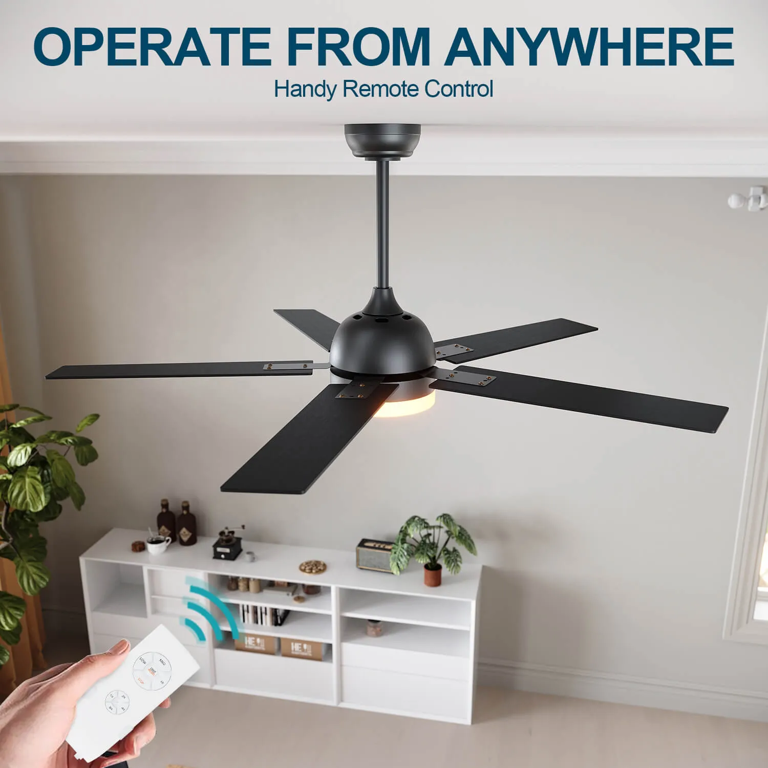 Black 1320mm With 3 Colors LED Light 5 Blades Ceiling Fan AC Motor