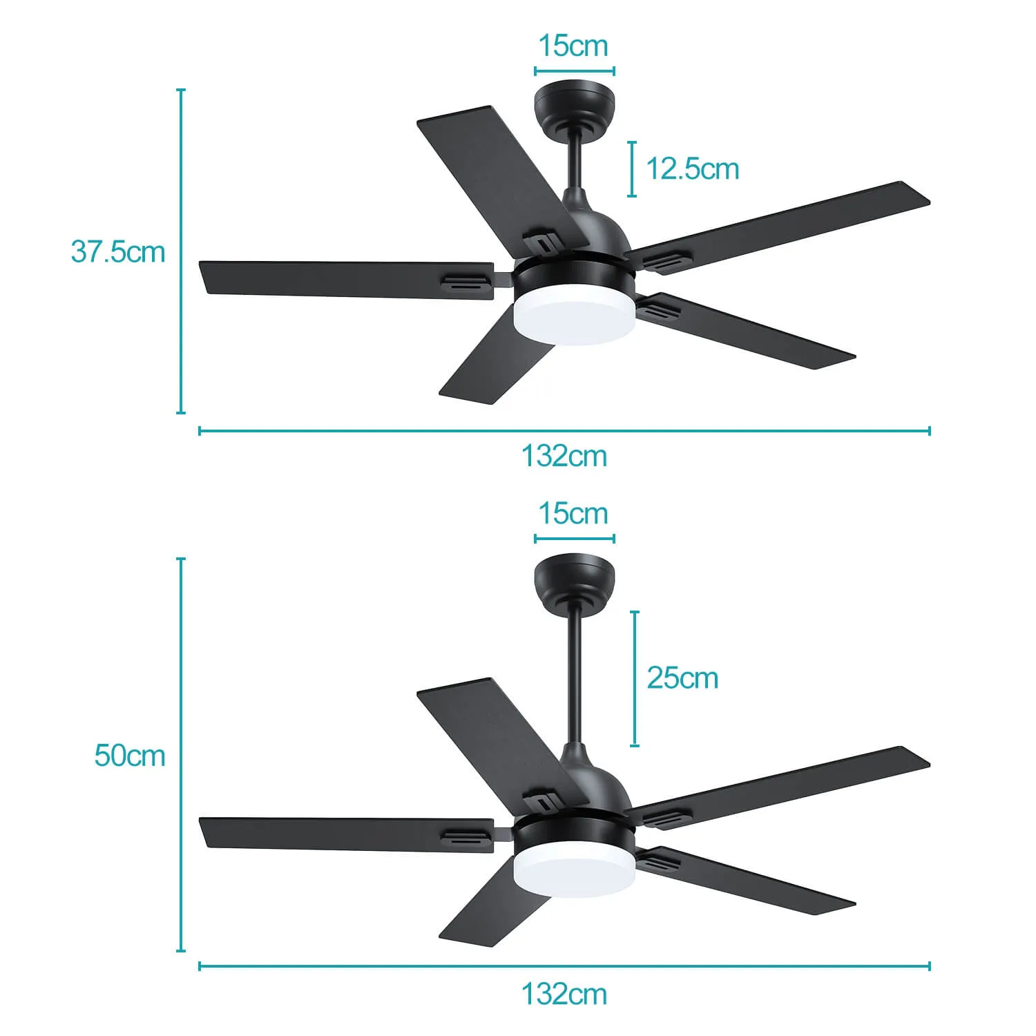 Black 1320mm With 3 Colors LED Light 5 Blades Ceiling Fan AC Motor