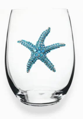 Blue Starfish Jeweled Stemless Wine Glass