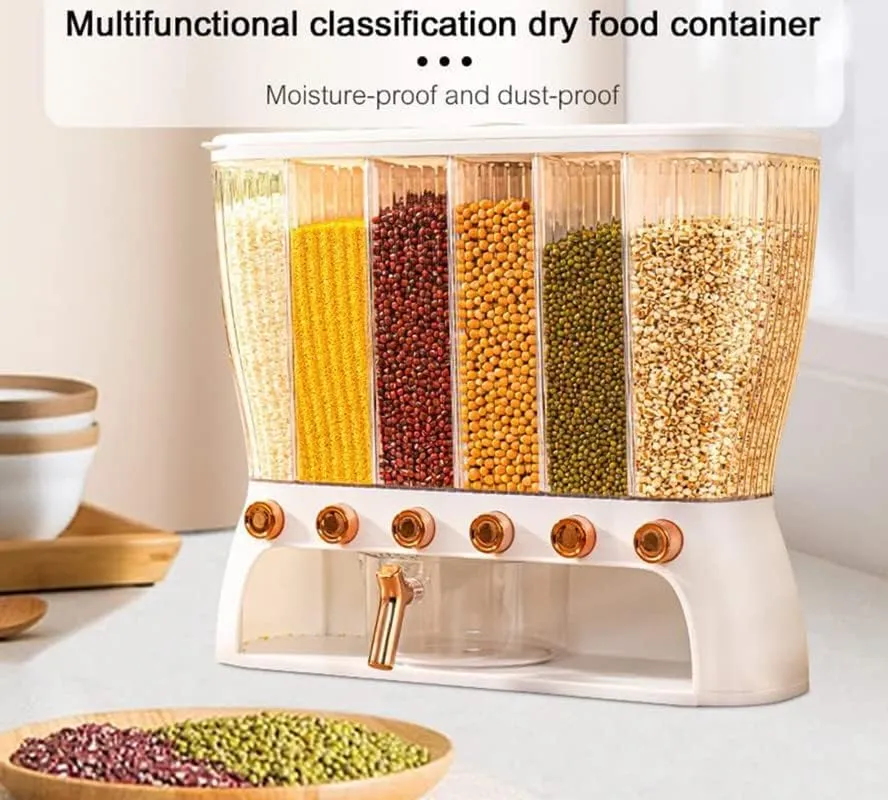 BLURISM Kitchen Storage Container - Wall Mounted Cereal Plastic Dispenser 6 Grid Dry Food Dispenser Space Saving Storage Containers for Cereal, Rice, Nuts, Candy, Coffee Bean, Snack, Grain