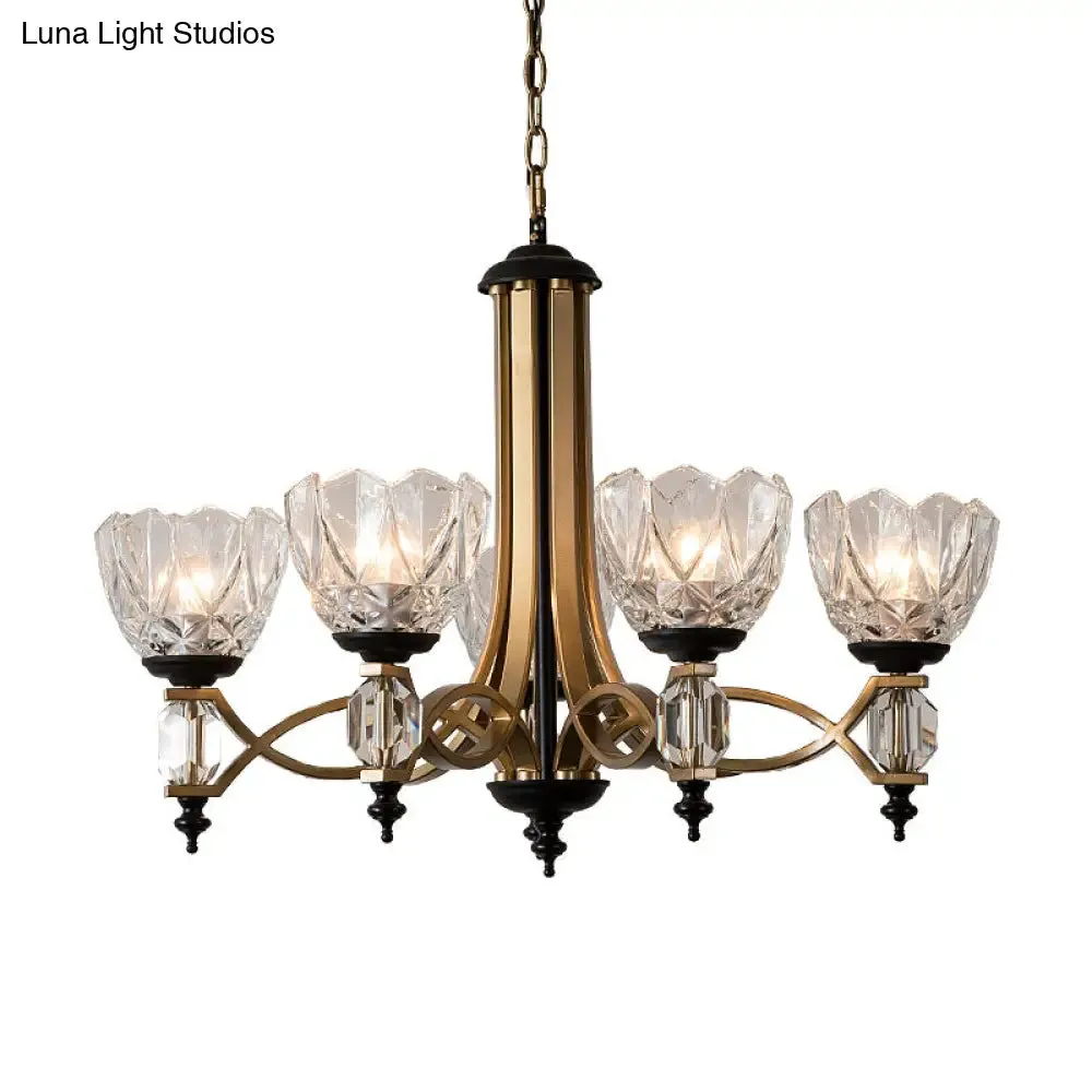 Brass Dome Pendant Light Fixture with Clear Glass Shade - Modern 5-Head Chandelier Lighting