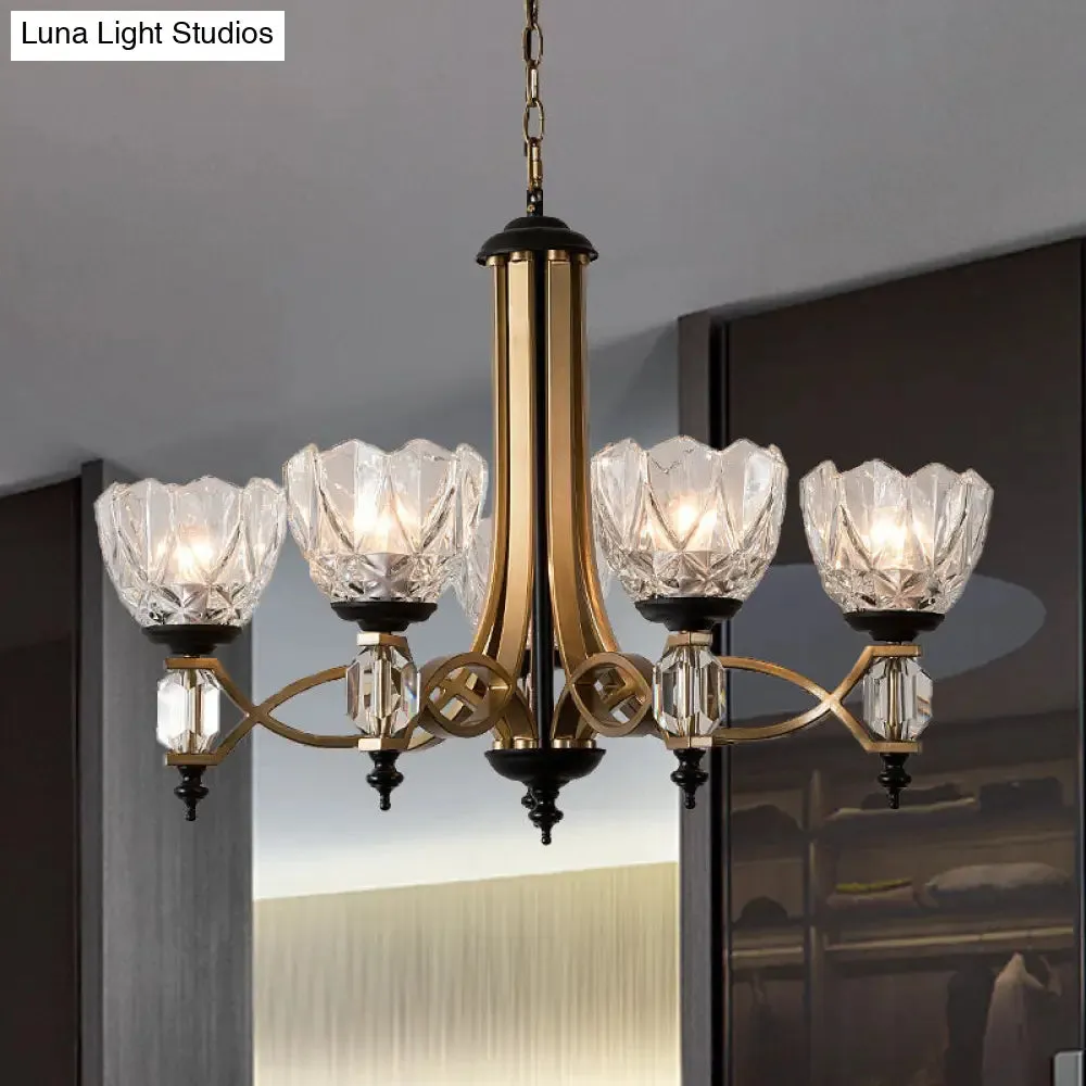 Brass Dome Pendant Light Fixture with Clear Glass Shade - Modern 5-Head Chandelier Lighting