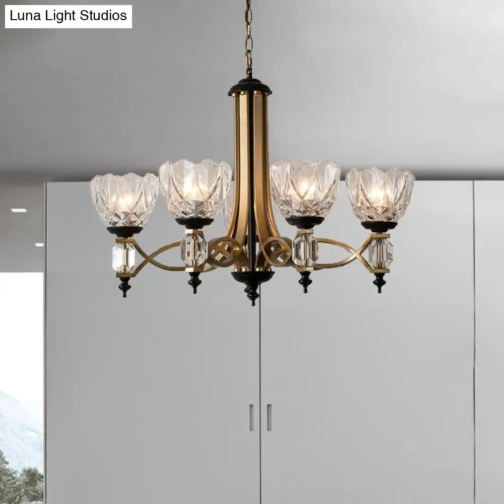 Brass Dome Pendant Light Fixture with Clear Glass Shade - Modern 5-Head Chandelier Lighting