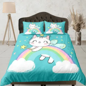 Cat Lover Duvet Cover Bedspread Cute Cat in Rainbow Bedding for Teens Kids Bedroom Comforter Cover