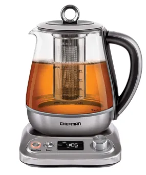 Chefman PerfecTea Programmable Electric Glass Kettle w/Temperature Control & 8 Preset Steep Times Auto Shut Off, Removeable Tea Infuser Included, 6  Cup Capacity, 1.5 L, Stainless Steel