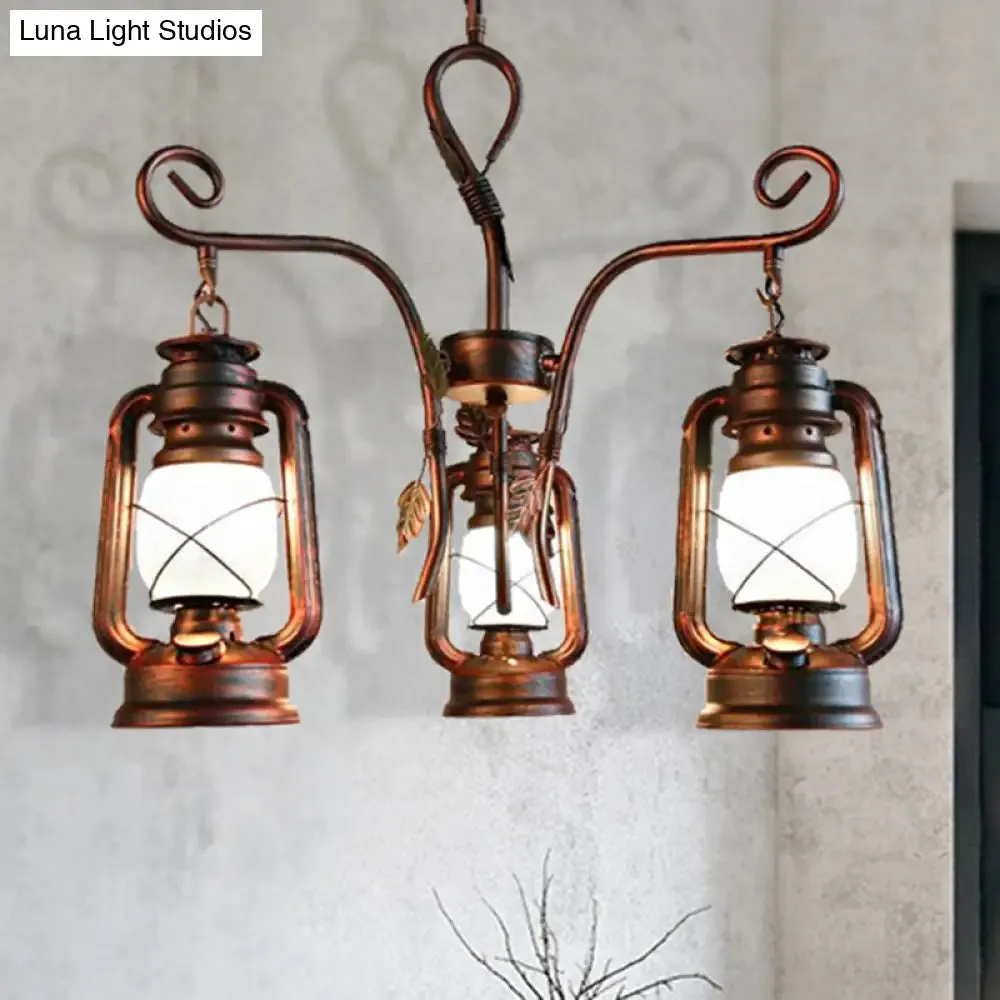 Coastal Opal Glass Lantern Chandelier - Weathered Copper Pendant Lighting for Dining Room, 3 Lights