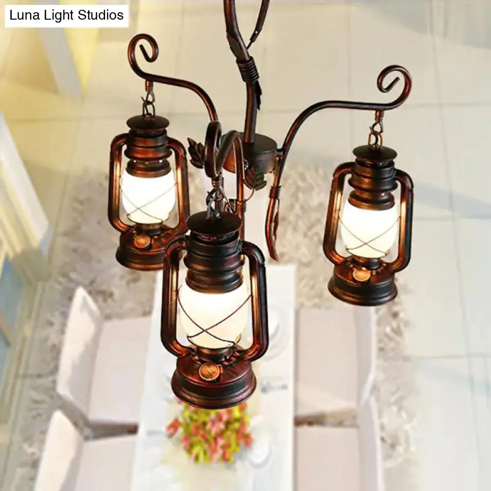 Coastal Opal Glass Lantern Chandelier - Weathered Copper Pendant Lighting for Dining Room, 3 Lights