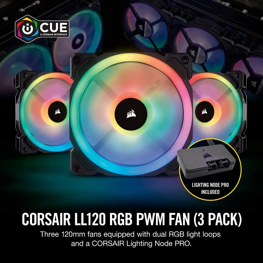 Corsair Fan LL Series LL120 RGB 120MM Dual Light Loop RGB LED PWM Fan 3 Fan Pack with Lighting Node Pro (CO-9050072-WW)