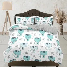 Cute green cat bedding, toddler bedding, kids duvet cover set, gift for cat lovers, baby bedding, baby shower giftv