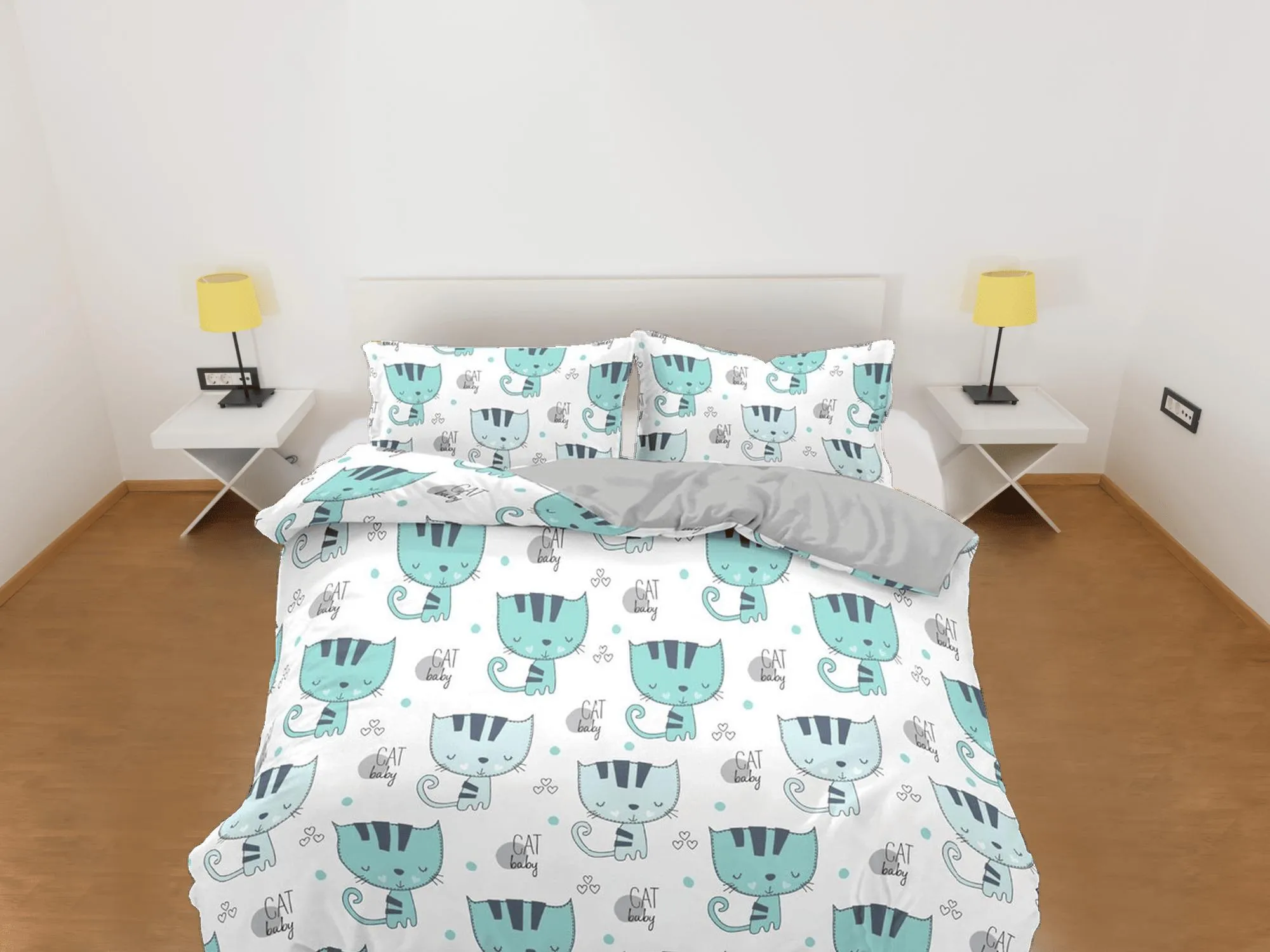 Cute green cat bedding, toddler bedding, kids duvet cover set, gift for cat lovers, baby bedding, baby shower giftv