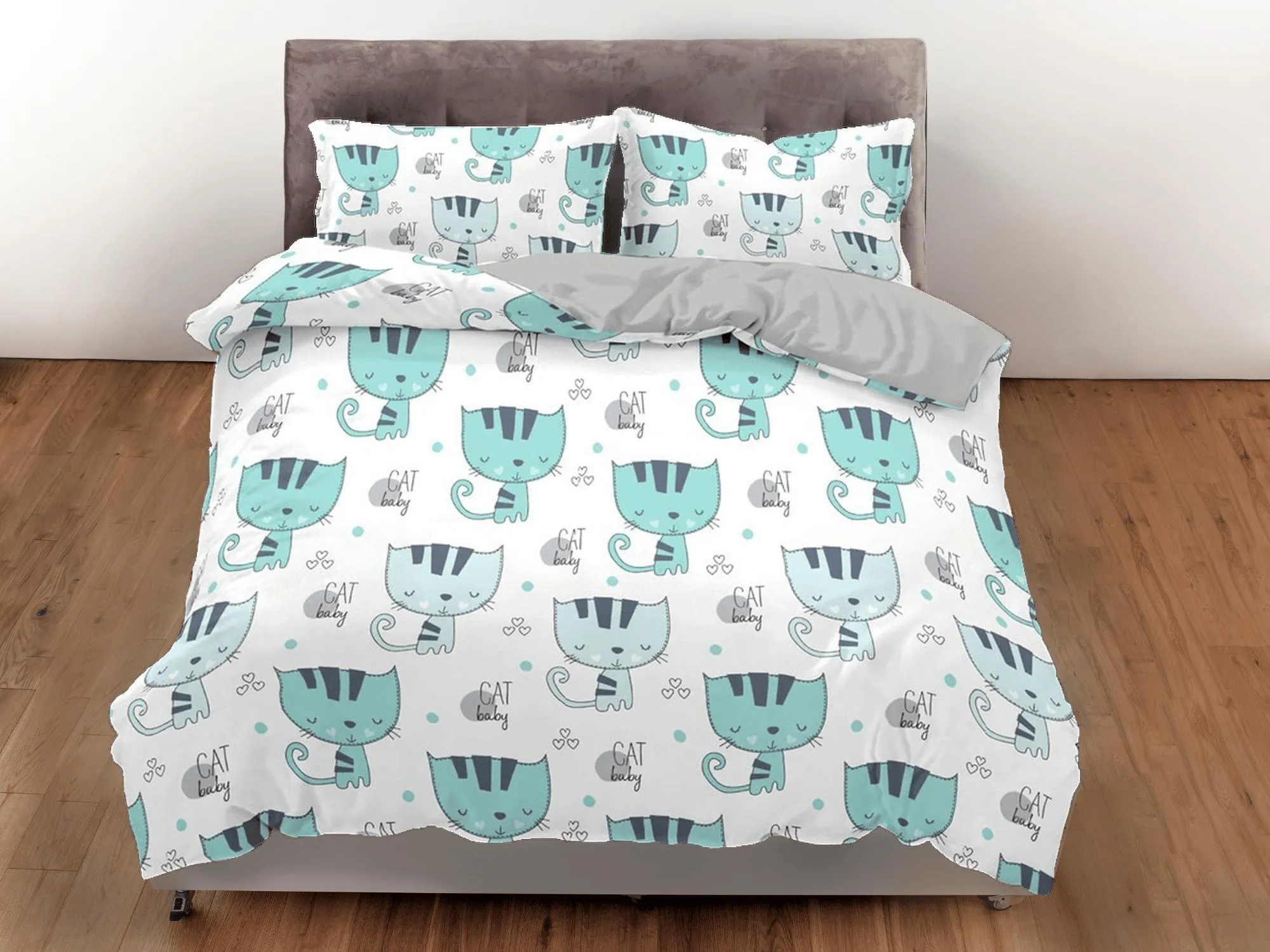 Cute green cat bedding, toddler bedding, kids duvet cover set, gift for cat lovers, baby bedding, baby shower giftv