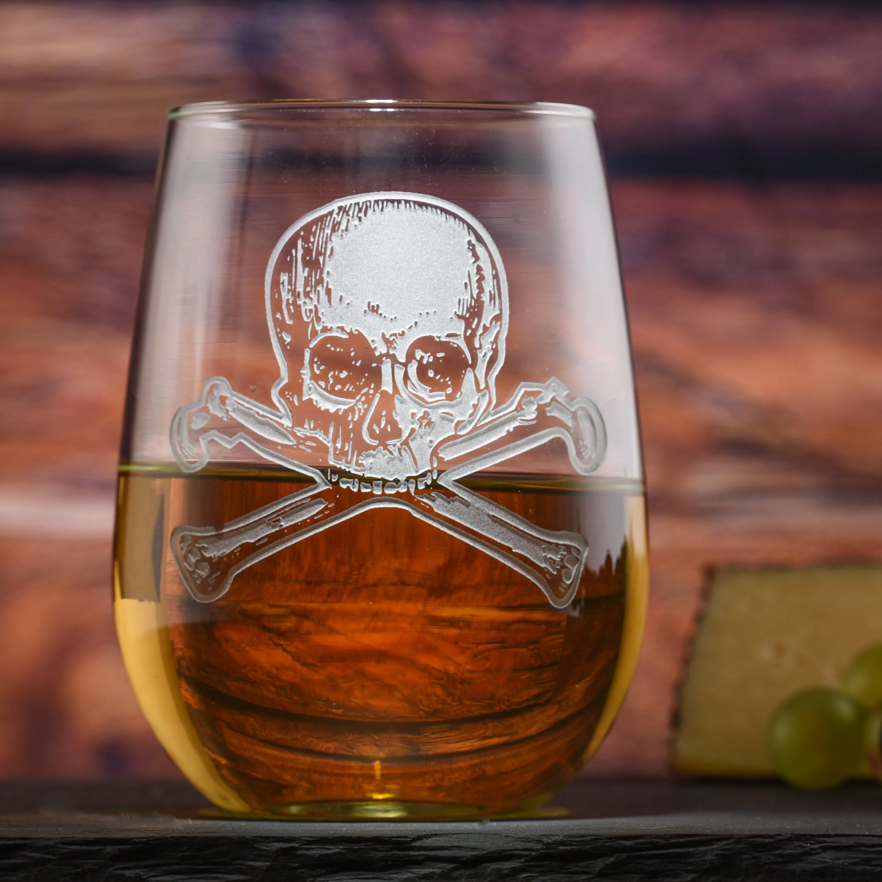 Deep Carved Skull and Bones Stemless Wine Glass