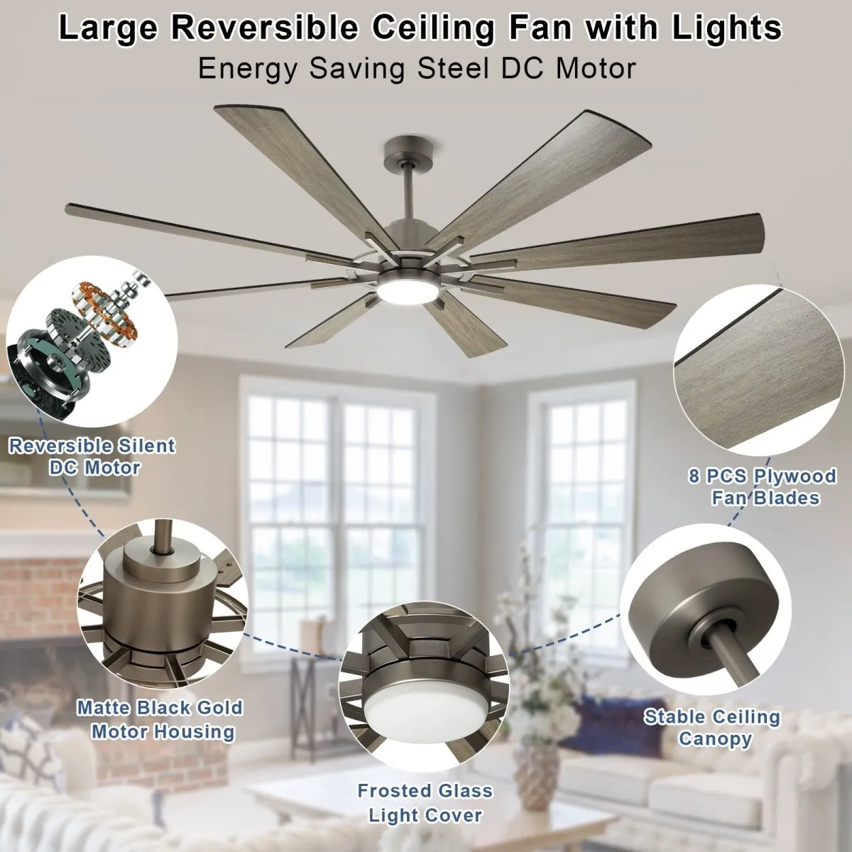 Depuley Large Ceiling Fan with Lights, 72" DC Reversible Ceiling Fan with Light LED, 8 Plywood Blades 5 Speed, Modern Industrial Ceiling Fans Indoor for Living Room, Color Changeable 3000K-6000K, Gray