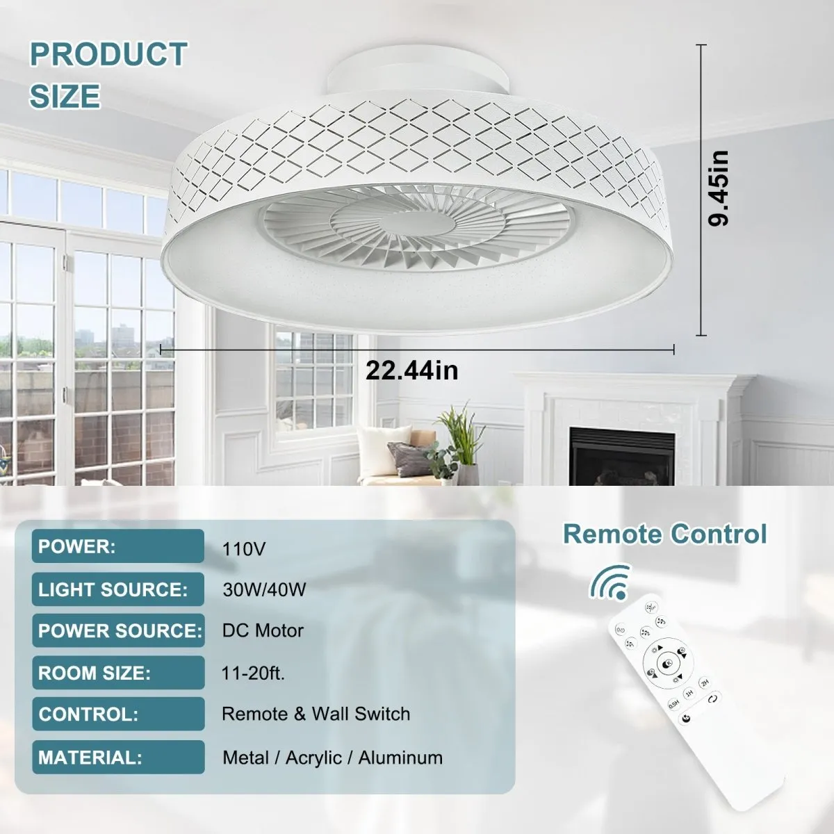 DLLT Low Profile Ceiling Fan with Light, 22.5'' LED Dimmable Ceiling Fans with Lights and Remote, Modern Bladeless Enclosed Ceiling Fan Flush Mount with Reverse Motor for Bedroom Living Room, White Argyle