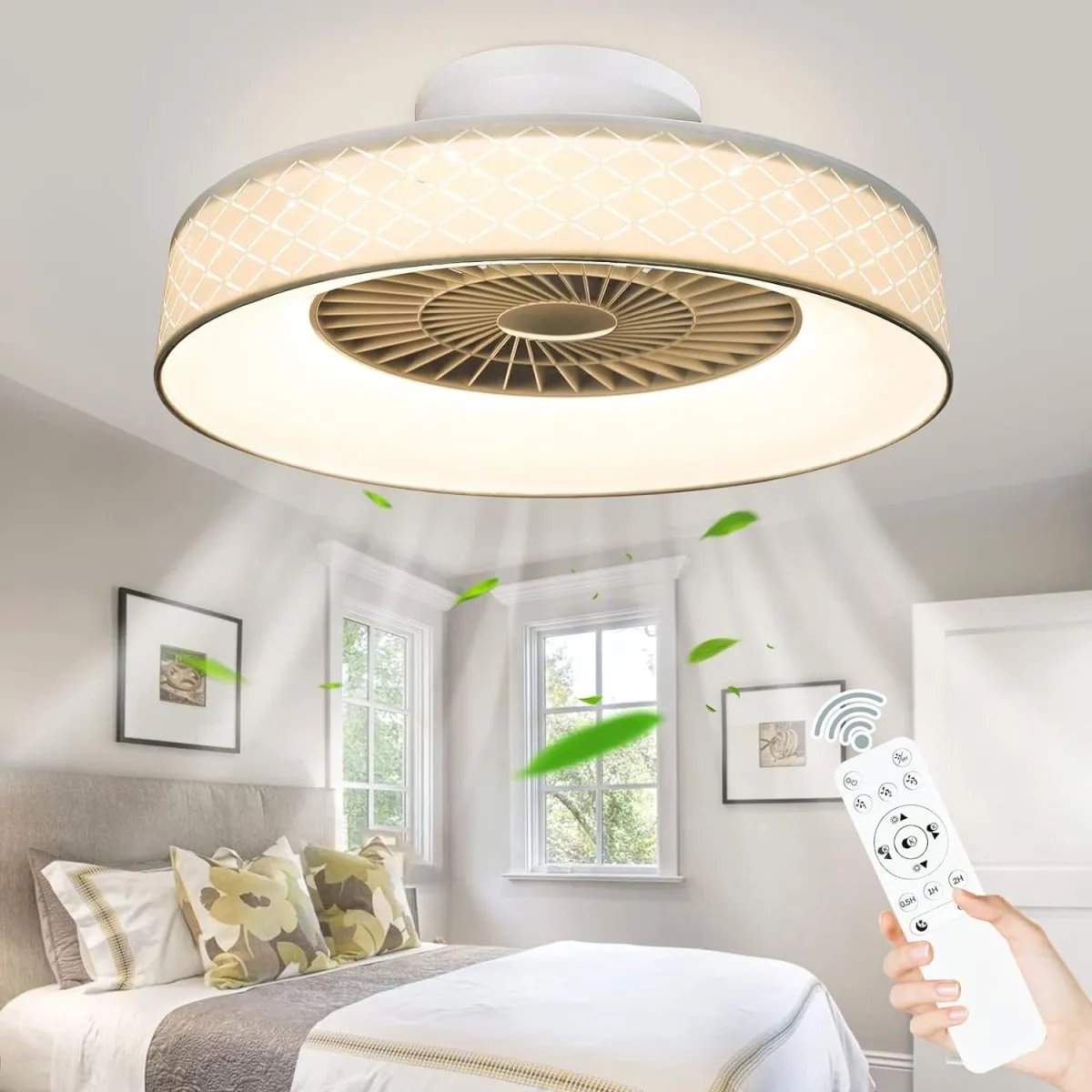 DLLT Low Profile Ceiling Fan with Light, 22.5'' LED Dimmable Ceiling Fans with Lights and Remote, Modern Bladeless Enclosed Ceiling Fan Flush Mount with Reverse Motor for Bedroom Living Room, White Argyle