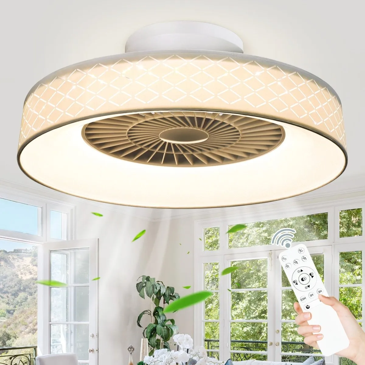 DLLT Low Profile Ceiling Fan with Light, 22.5'' LED Dimmable Ceiling Fans with Lights and Remote, Modern Bladeless Enclosed Ceiling Fan Flush Mount with Reverse Motor for Bedroom Living Room, White Argyle