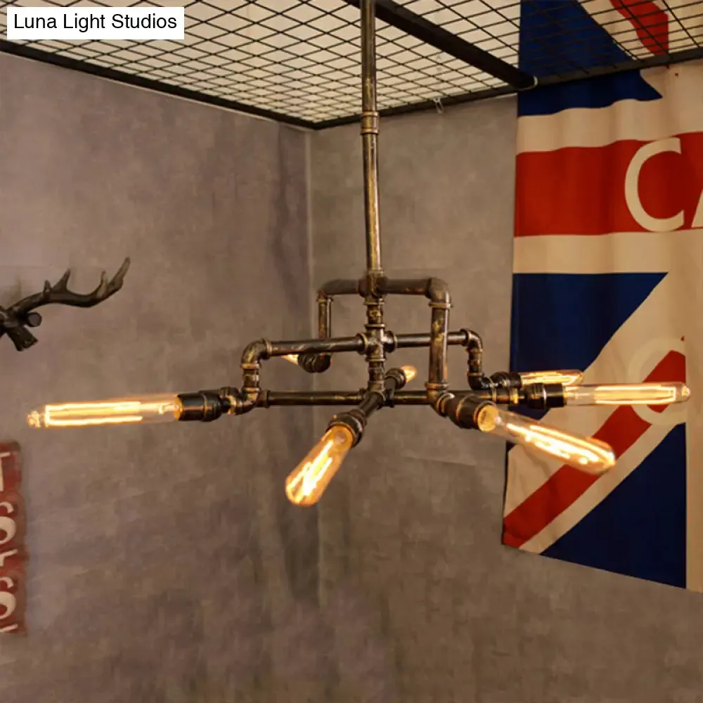 Farmhouse Style Bronze Chandelier - 8 Lights, Wrought Iron Pipe Design - Indoor Ceiling Fixture