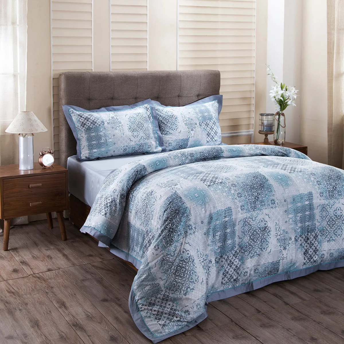 Fretwork Tessera Print Plain & Printed Reversible 100% Cotton Super Soft Blue Duvet Cover with Pillow Case