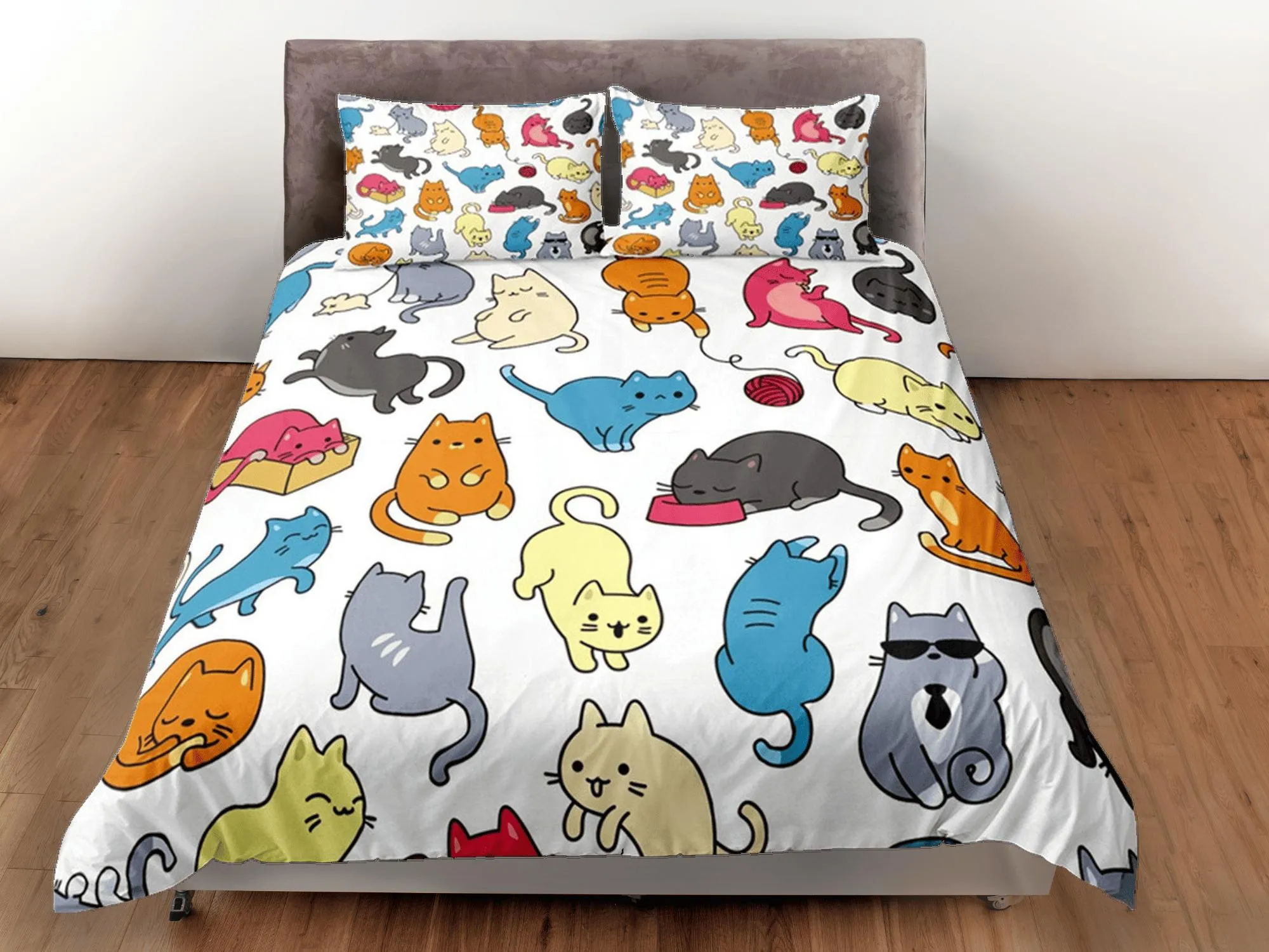 Funny Cats Duvet Cover Set Cute Bedspread, Colorful Kids Bedding Pillowcase Comforter Cover