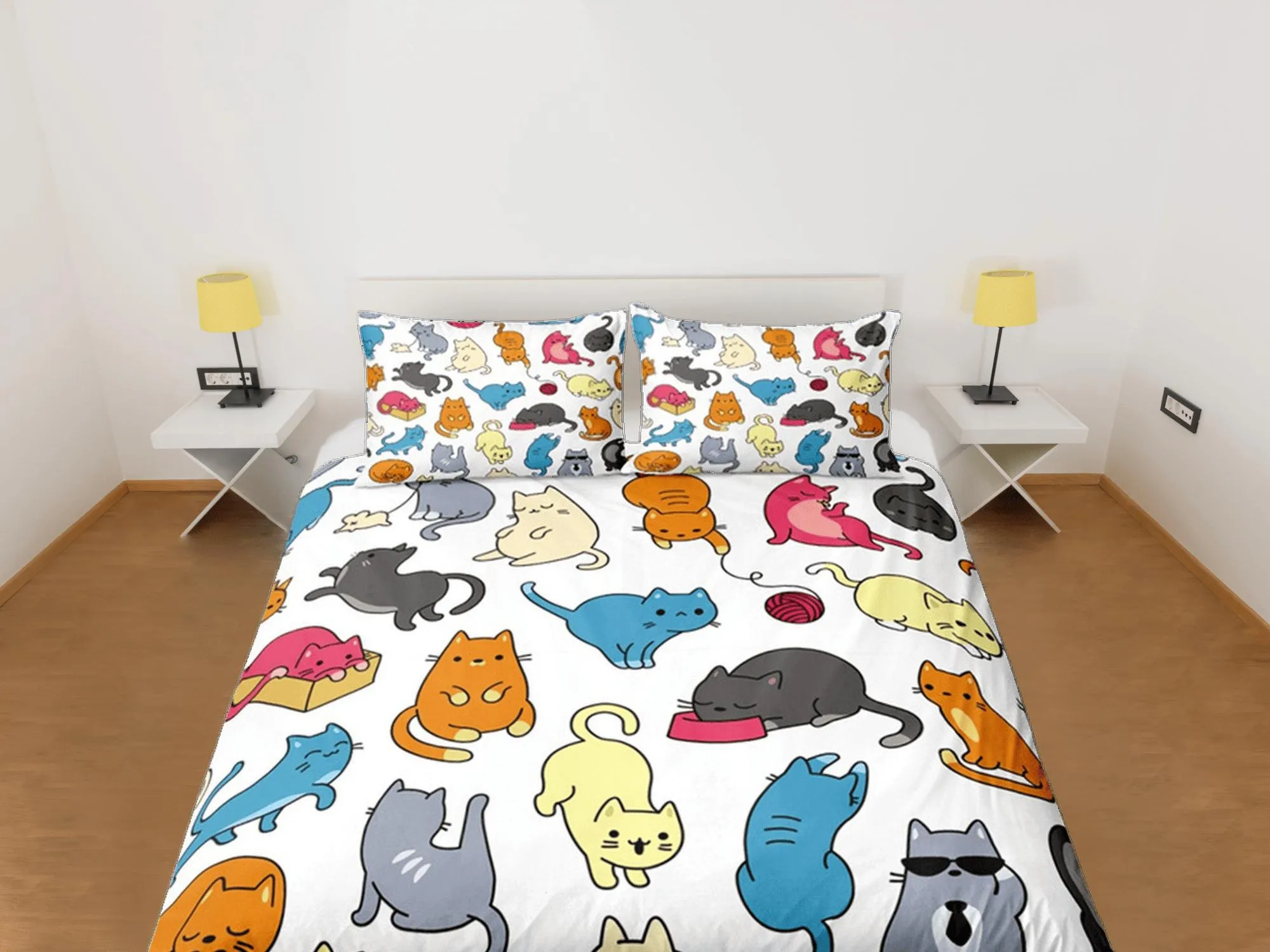 Funny Cats Duvet Cover Set Cute Bedspread, Colorful Kids Bedding Pillowcase Comforter Cover