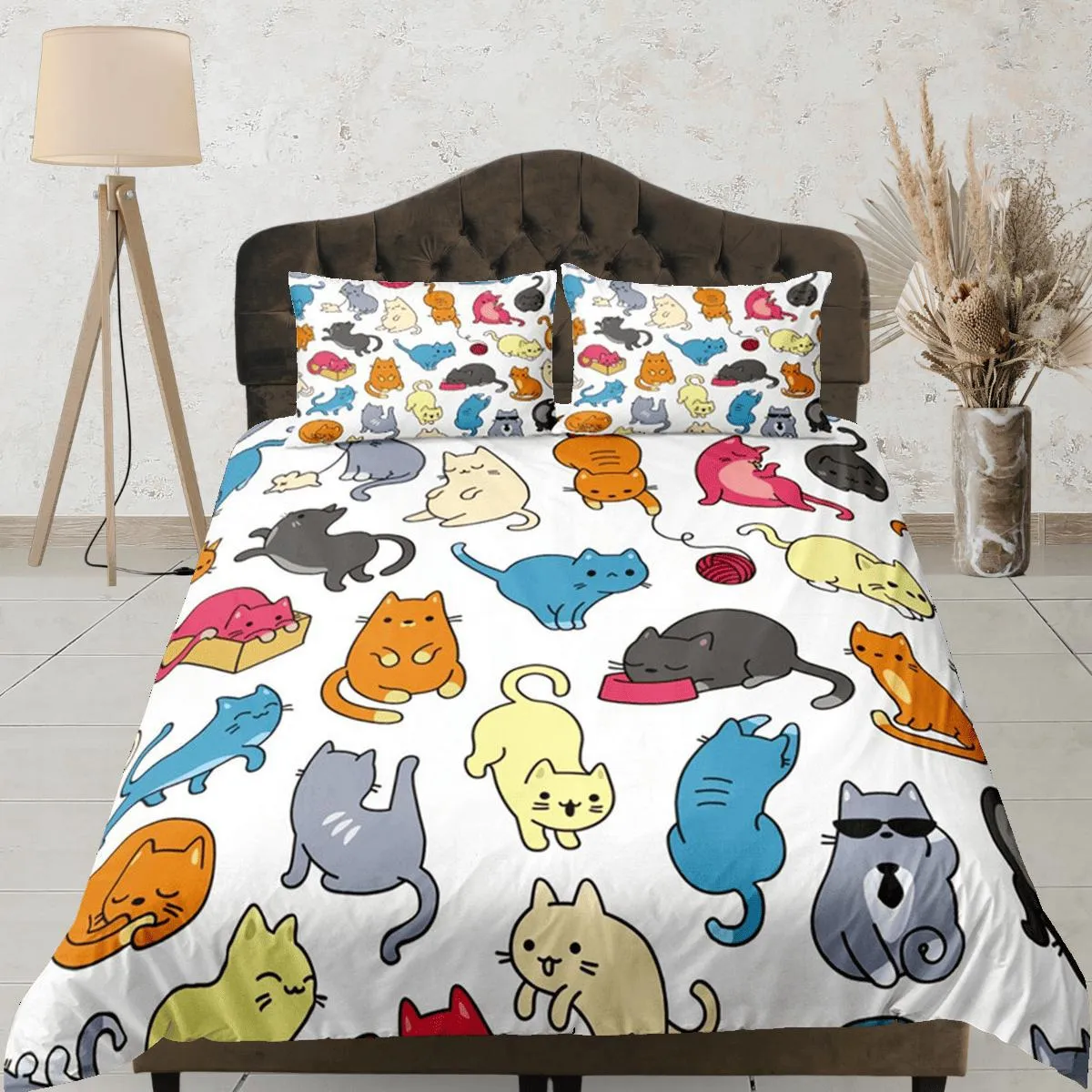 Funny Cats Duvet Cover Set Cute Bedspread, Colorful Kids Bedding Pillowcase Comforter Cover